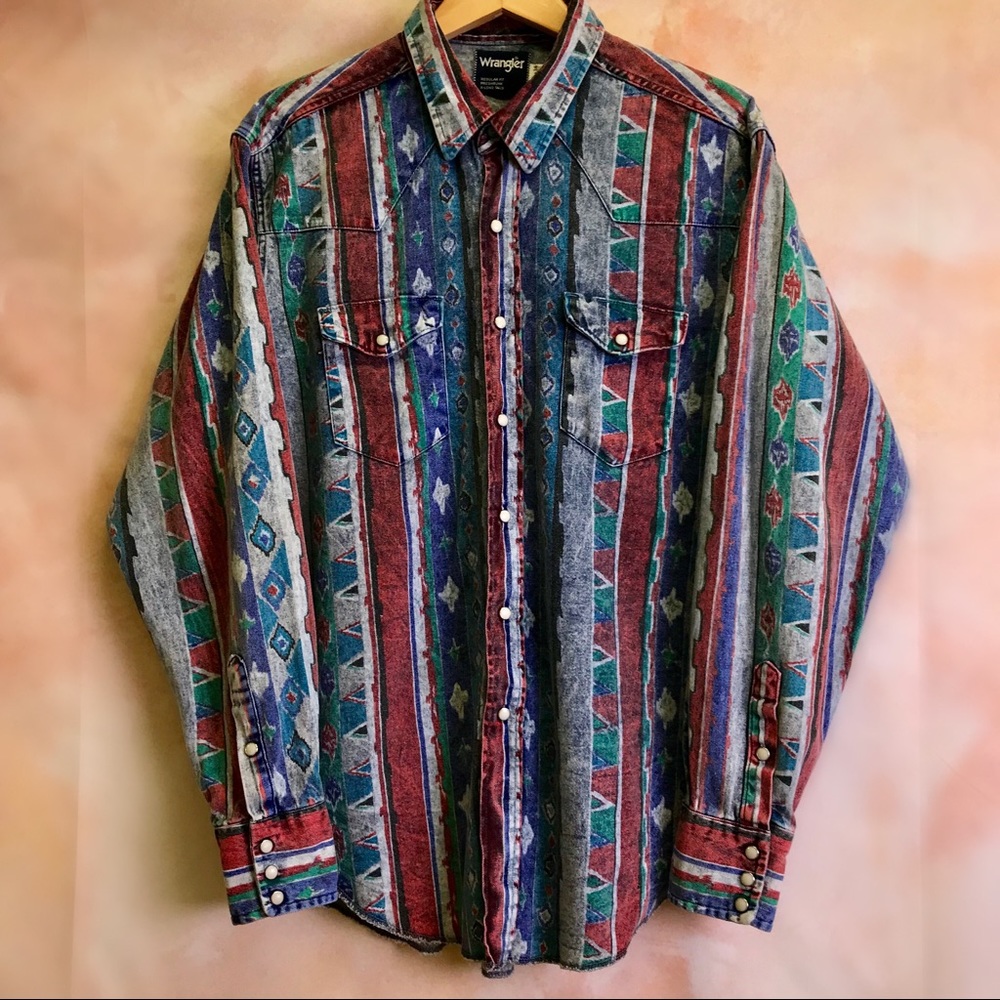 80s Vintage Wrangler Aztec Denim Western Button Up